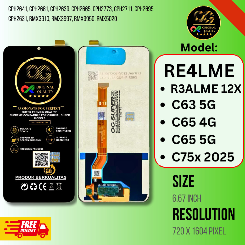 LCD TS OG Super Handphone Realme 12x, C65, C63 5G, C75x 2025, RMX3950 RMX5020, RMX3910, RMX3997