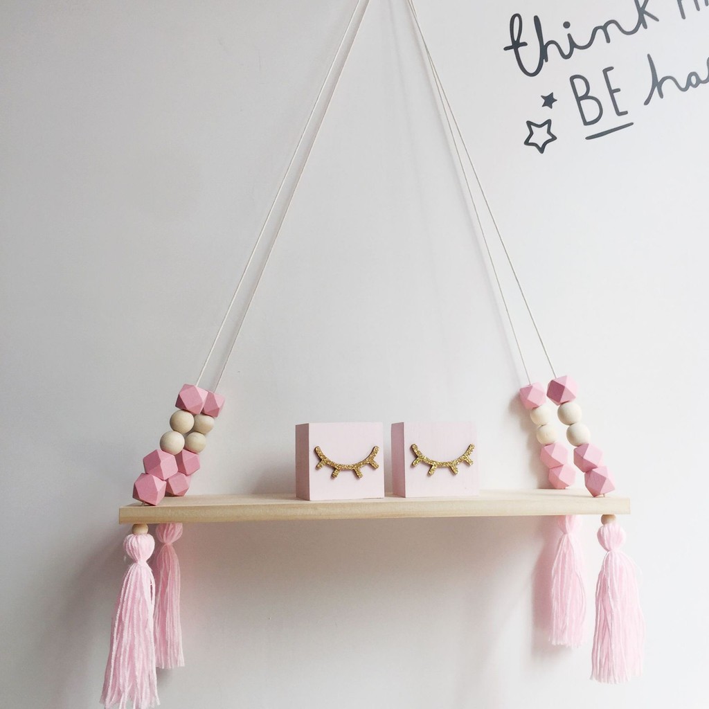 Macrame Wall Hanging Shelf for Girls Kids Nursery Decorations Boho Pink Wooden splay Floating Shelve
