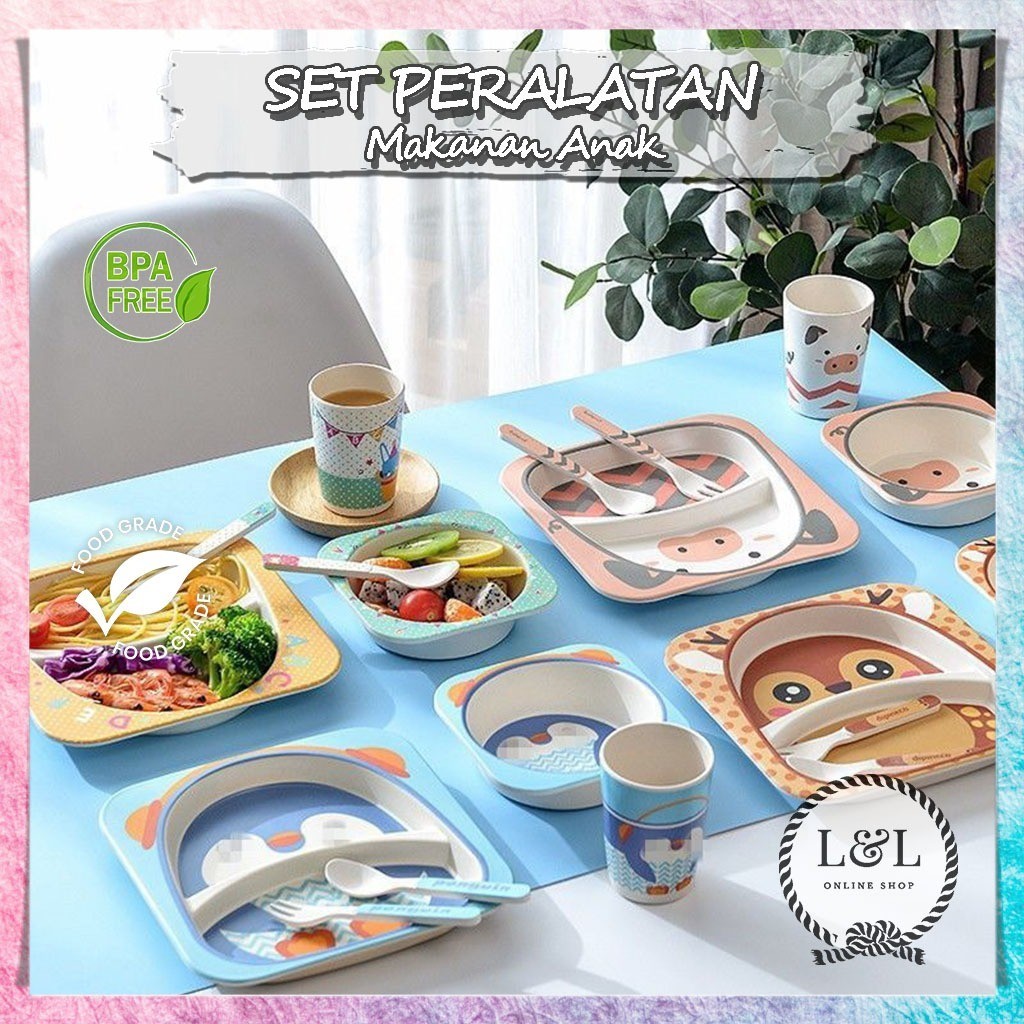 Set Peralatan Makan Anak 5 in 1 Karakter Lucu BPA FREE Piring Mangkok Gelas Sendok dan Garpu Bamboo 