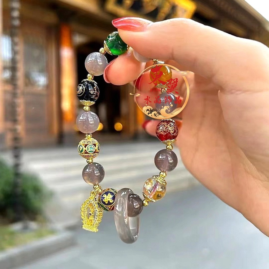 Gelang Dewa Keberuntungan untuk Wanita, Manik Agate Abu-abu Asap, Manik Keberuntungan, Amulet Damai