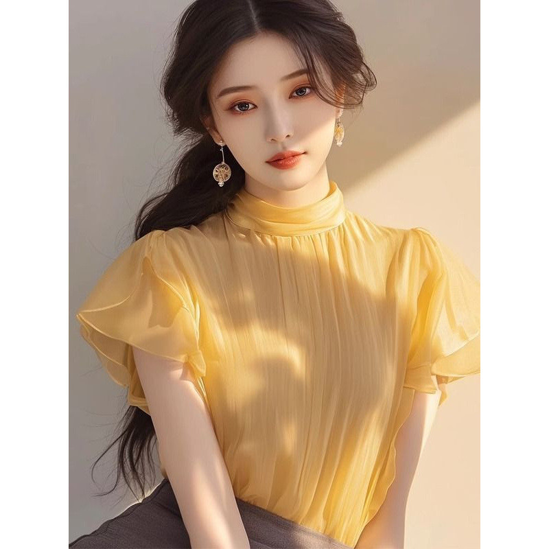Kemeja Kuning Gaya Prancis Wanita Blus Cantik Berkerut Atasan Lengan Pendek Chiffon