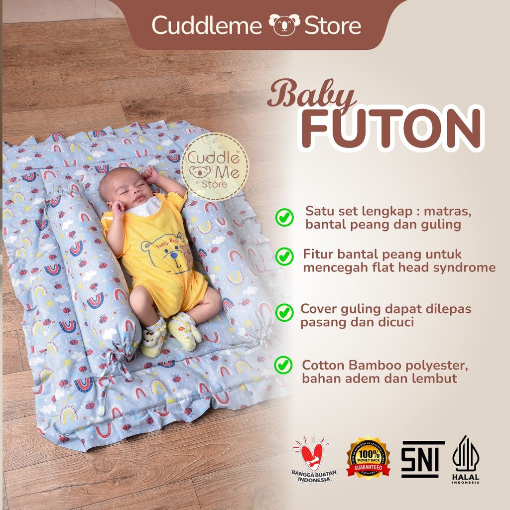 CUDDLEME Nursery - Futon Set Bayi 3-in-1 Kasur Lipat + Bantal Peang Guling Katun