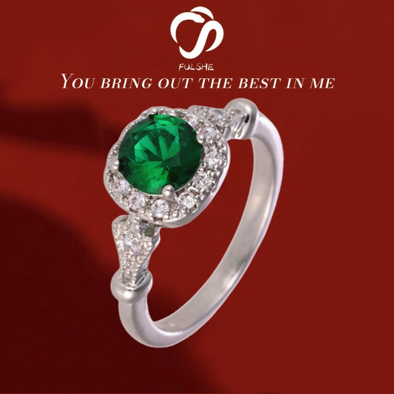 FULSHE Cincin Batu Permata Wanita Zircon Flash 5A Bulat Hijau Zamrud