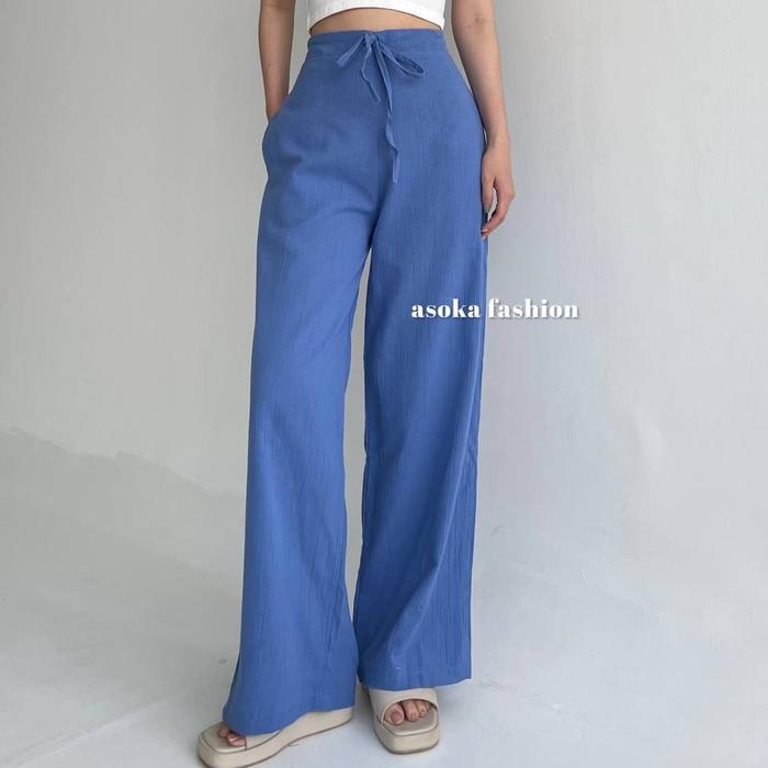 promo  -ASOKA Rachel Pants 2431 - Celana Hhist Tali - Celana Linen Crinkle Casual Panjang Kulot nita