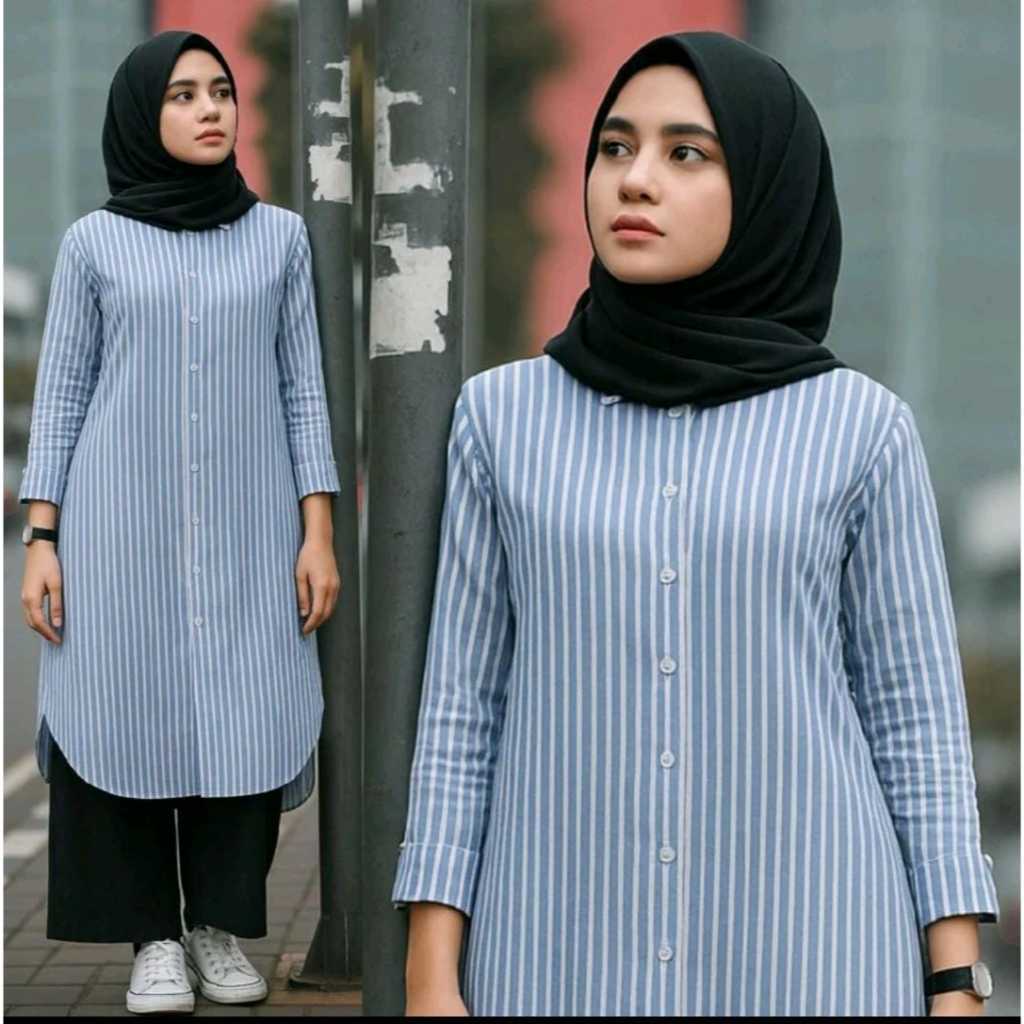 By KNZ - Poply long tunik strip - atasan motif salur tunik panjang muslim remaja wanita