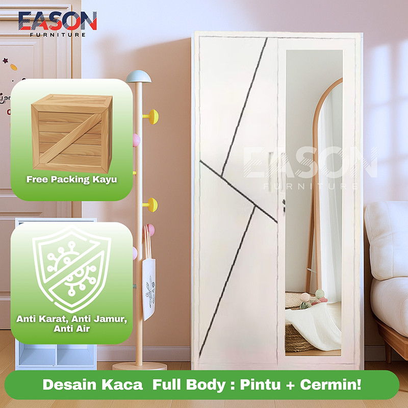 EASAON-Lemari Pakaian Besi Lemari Pakaian Pintu ganda 85cm 2 pintu1 Hanger Cermin Minimalis