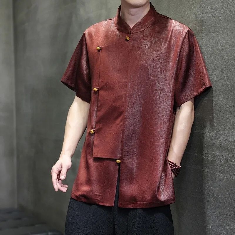 New Chinese Satin Ice Silk short sleeve shirt for men