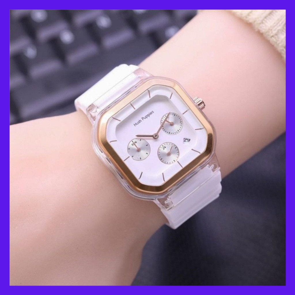 Piongpiaa-Jam Tangan Wanita Pria Hush Puppies 2811 9311 Rubber Segi Crono Detik 1 Tanggal Aktif-COD