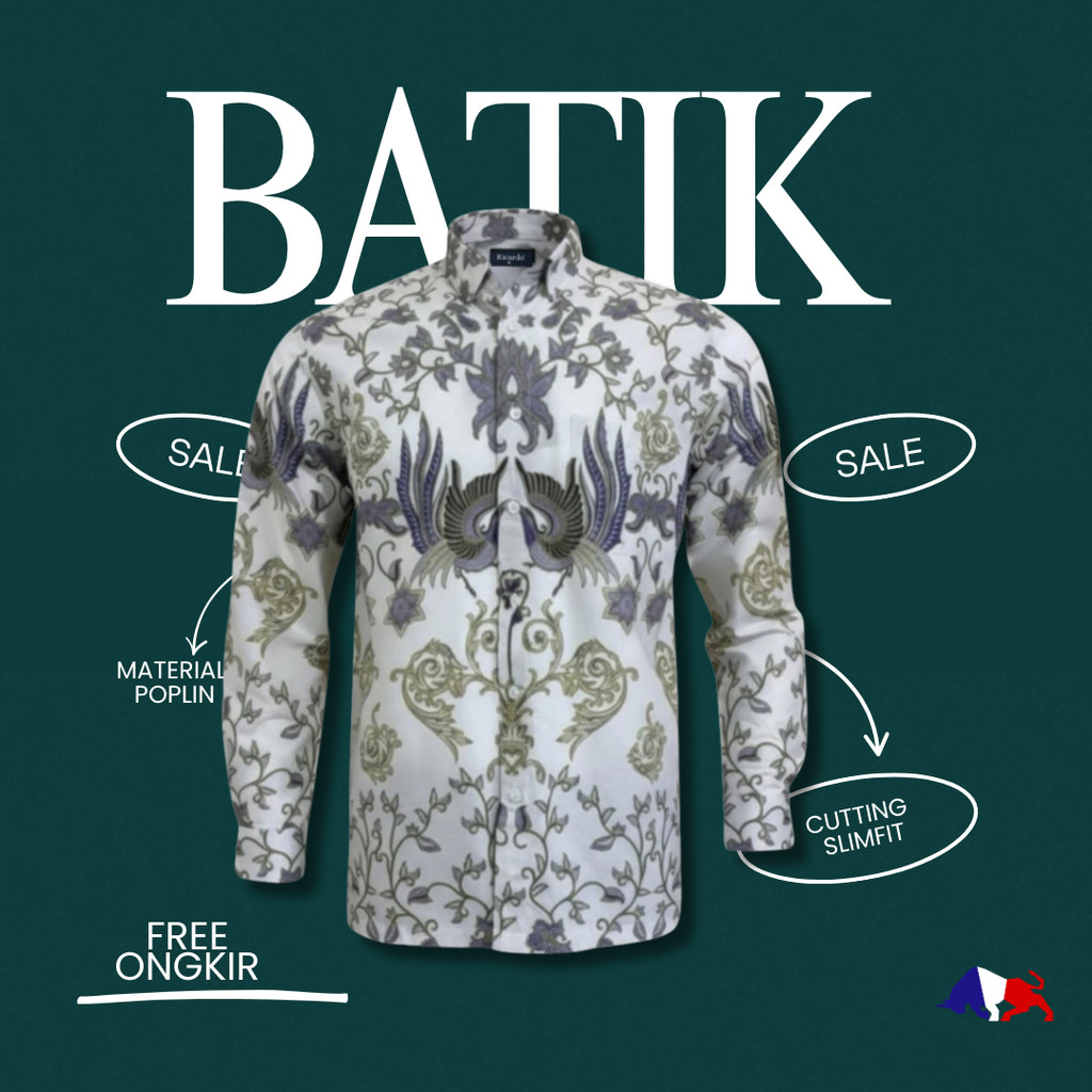 RICARDO Kemeja Batik Slim Fit Blue – Cotton Poplin, 1 Saku, Stylish & Cool 32418