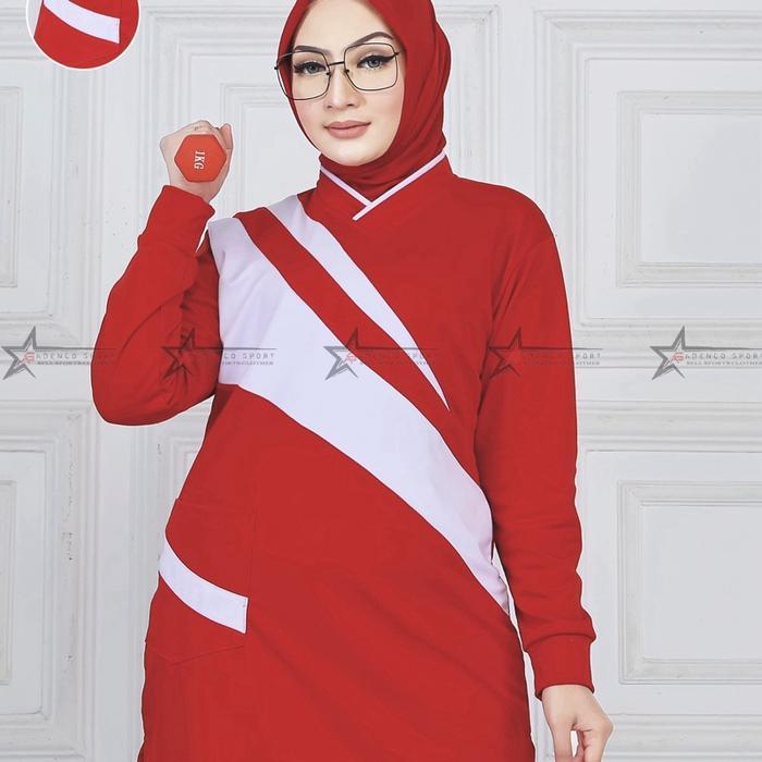 Atasan Baju Olahraga Tunik Muslimah - Kaos Olahraga Senam tunic Panjang Wanita Dewasa Sport - Merah 