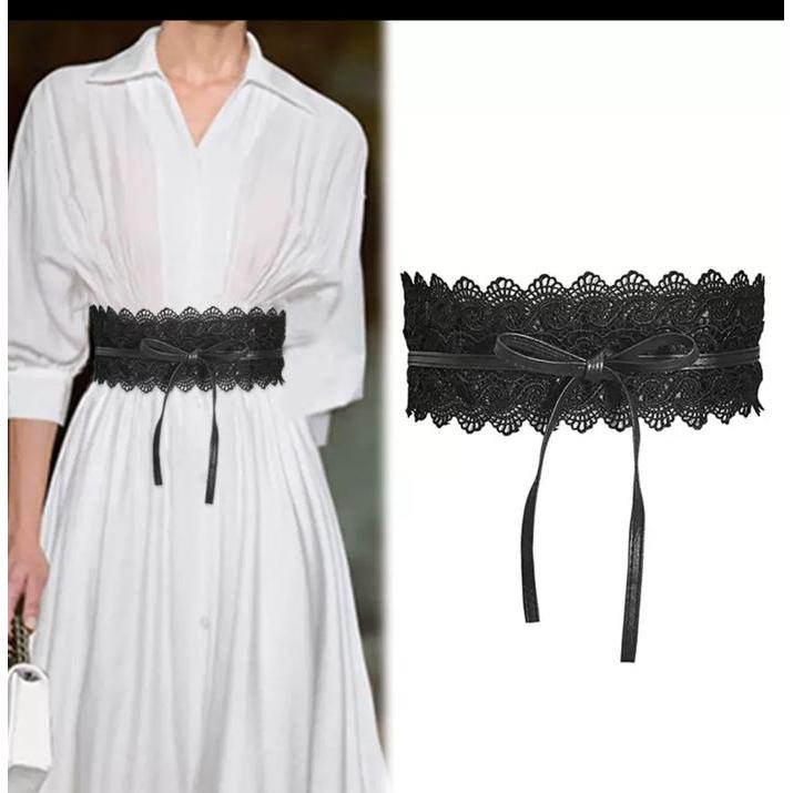 promo  -VENDI - Ikat Pinggang Wanita Sabuk Lebar Belt Fashion Korea Obi Lebar ‘Kulit Renda’  Black P