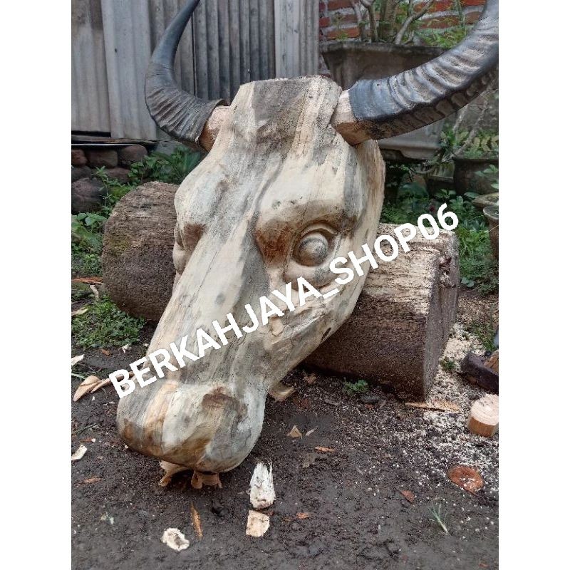 TRADISIONAL Topeng Banteng Putihan/Mentahan Kayu Dewasa + Tanduk Asli JAWA