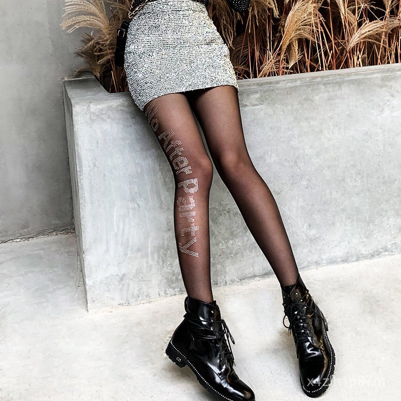 Women's New Trendy Personality English Letter Shiny Rhinestone Pantyhose