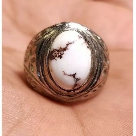 Cincin batu pirus putih asli original urat merah hitam ceplok kuro / pirus persia urat emas Ring