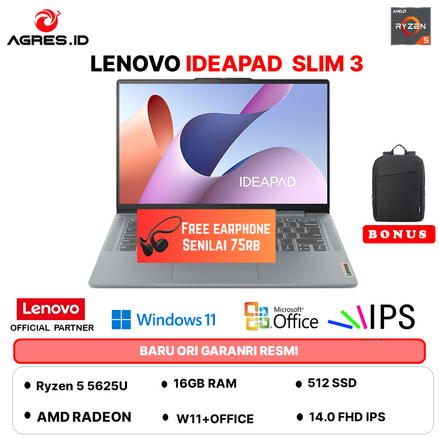 LENOVO IDEAPAD SLIM 3 14ABR8 RYZEN 5 5625 - RAM 16GB 512GB W11+OHS+M365B 14.0FHD IPS BLIT 82XL0090ID