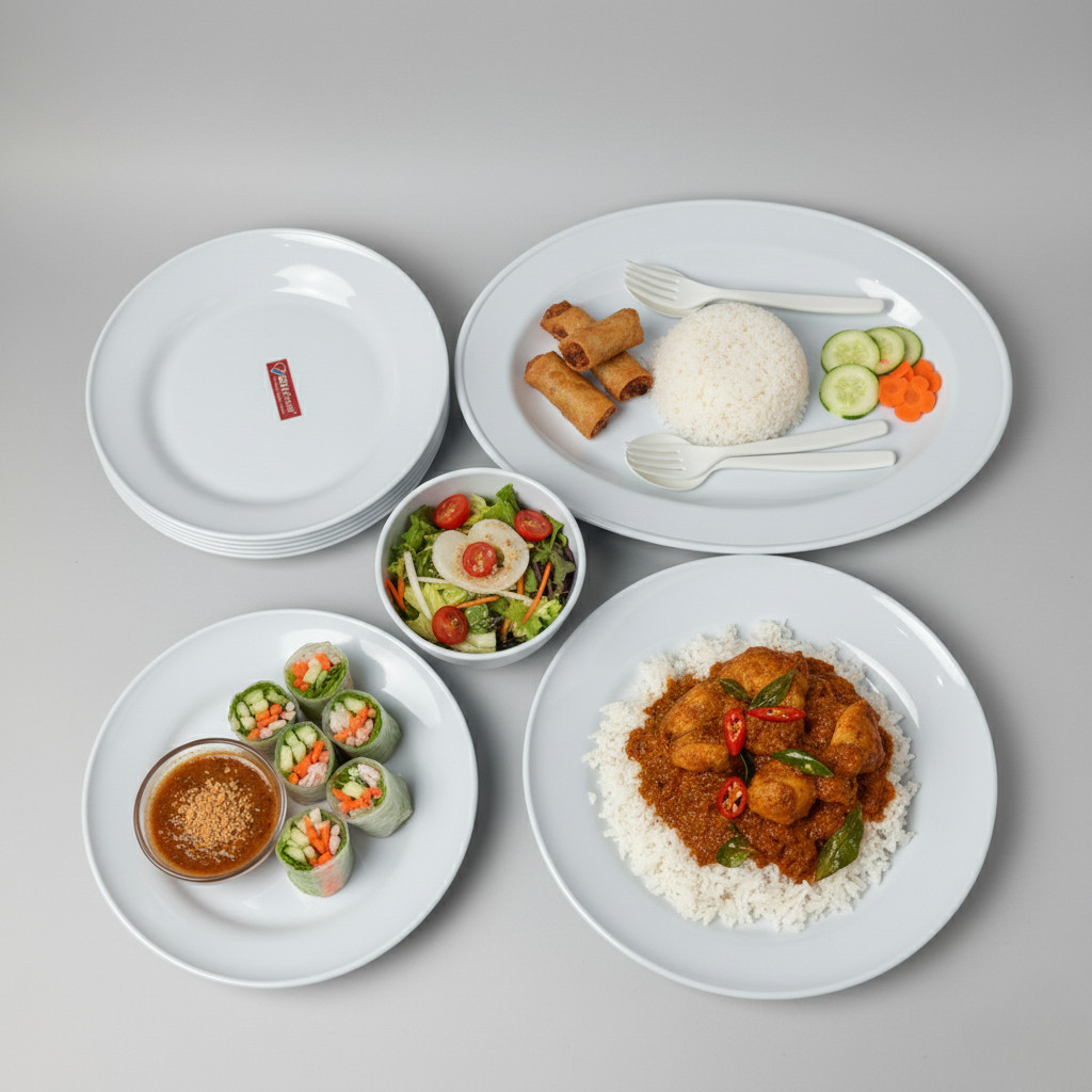 Set Prasmanan Putih Lengkap Isi 21 Pcs Total Piring Makan Semi Melamin Oval Mangkuk Nasi Gbu 1