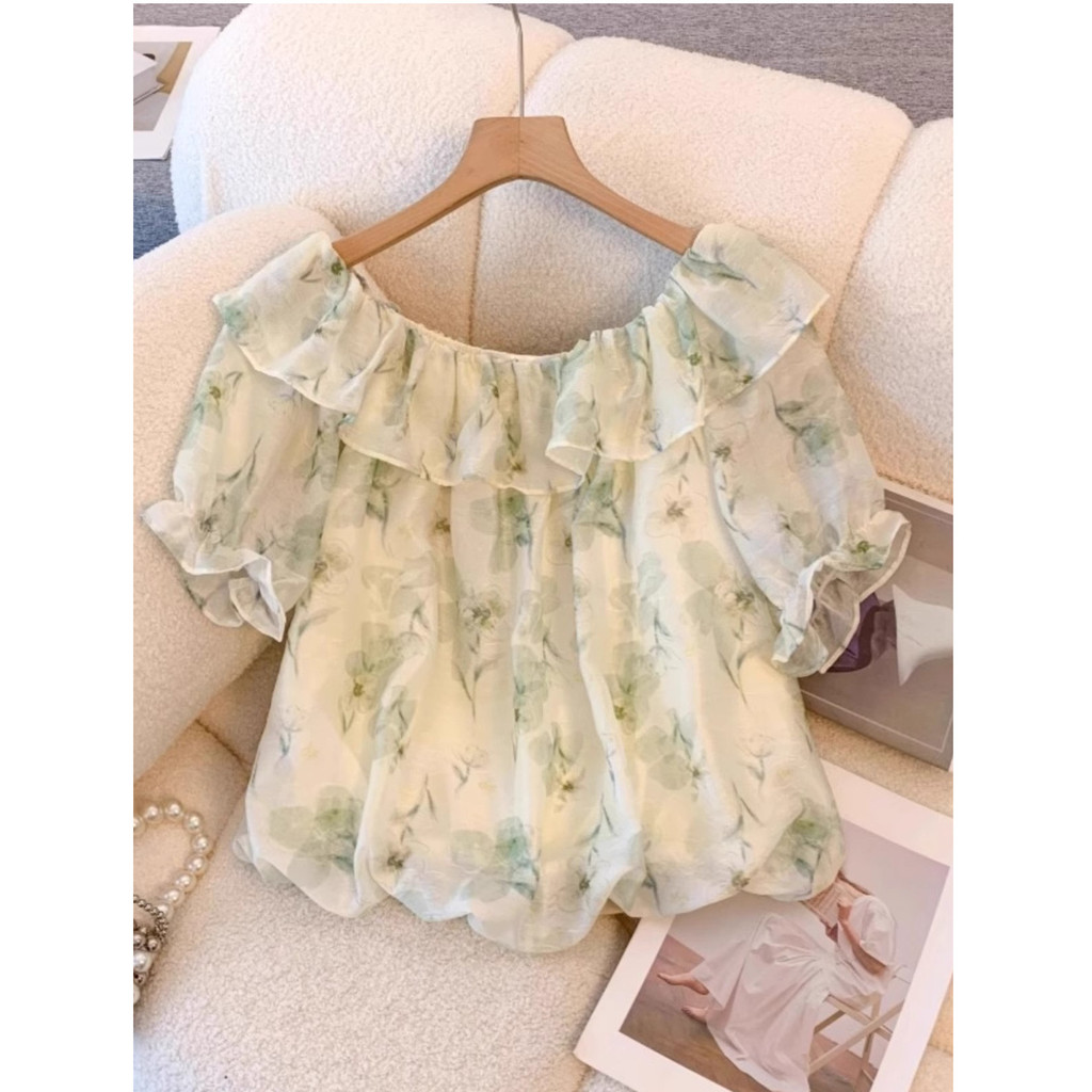 Kemeja Chiffon Lengan Puff Ukuran Besar Lengan Pendek