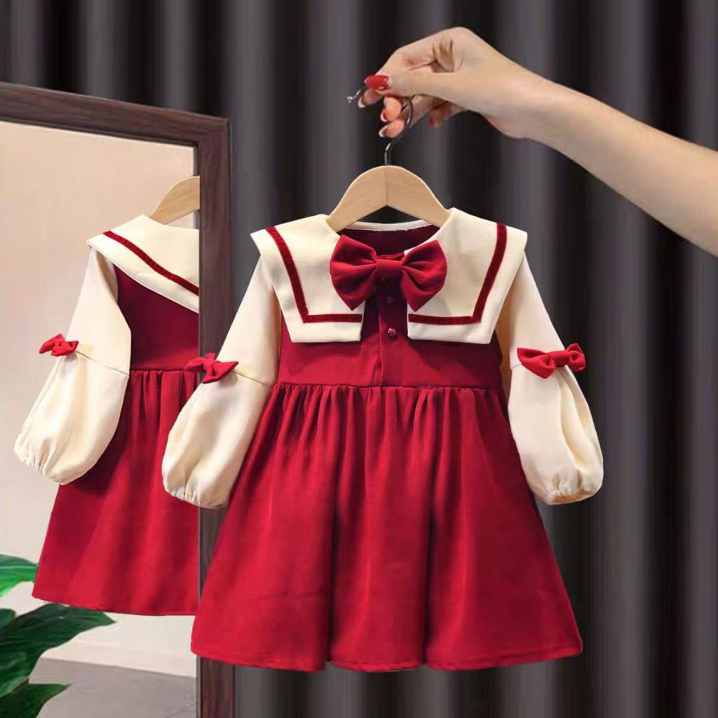 CLEARSHOP gaun anak  Import Dress Korea style Kerah Besar 3 Pita Warna Merah Coklat 1-5 Tahun