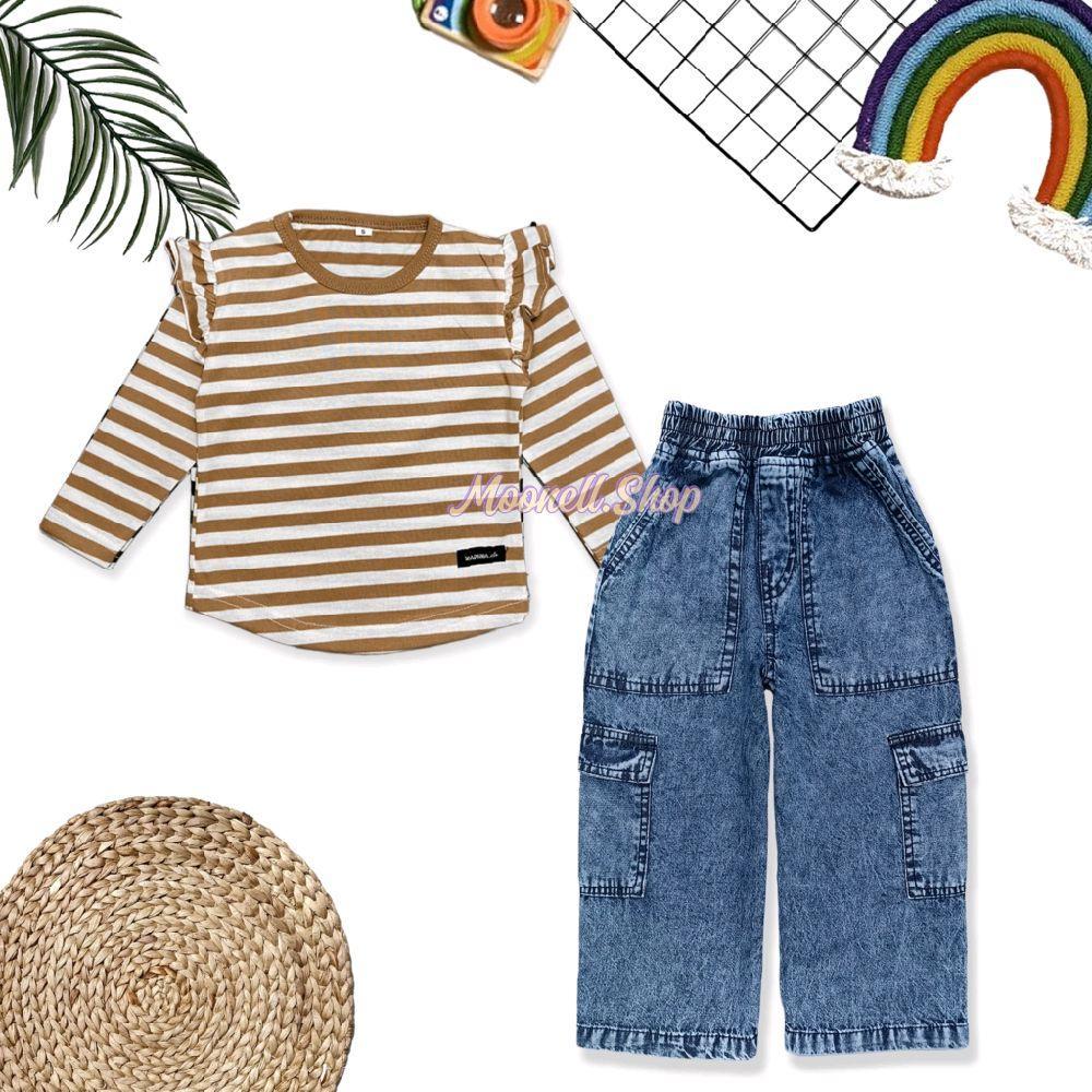 SETELAN ANAK PEREMPUAN/ KULOT CARGO JEANS DAN BAJU RUFFLE ANAK Usia 2 tahun-12 tahun
