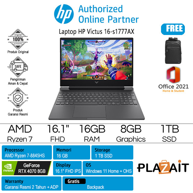 HP Laptop Victus 16-s1777AX Ryzen 7-8845HS 16GB 1TB SSD RTX4070 8GB 16.1 FHD W11+OHS21
