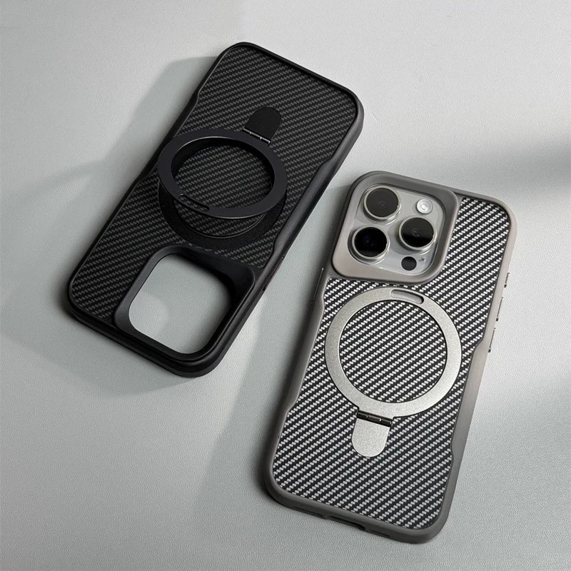 Case iPhone 17 Pro Max/16/15/14 Import Premium, Tekstur Karbon, MagSafe Magnetik + Holder Lipat, Ful