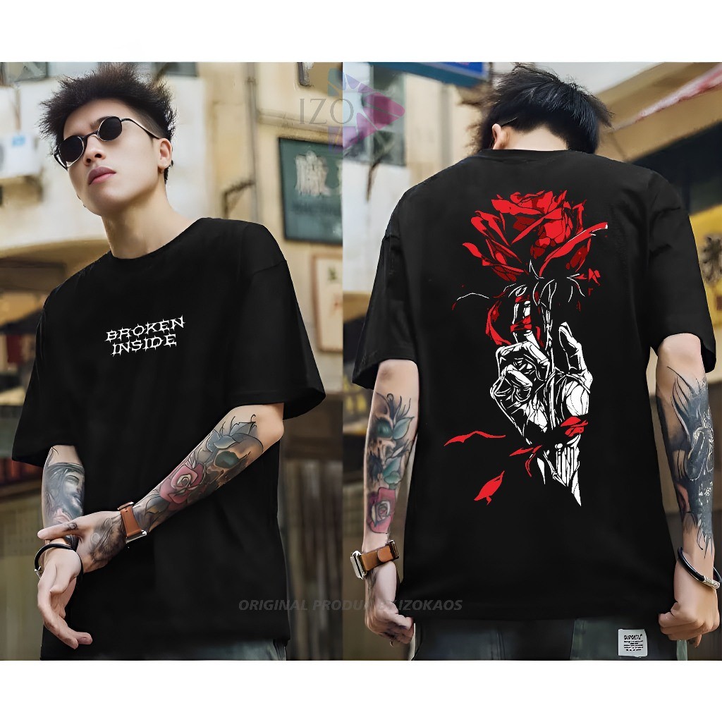POSEIDON Baju Kaos Tshirt Distro Terbaru Sablon Bergambar Simpel Mawar Broken Inside Pakaian Cowok C