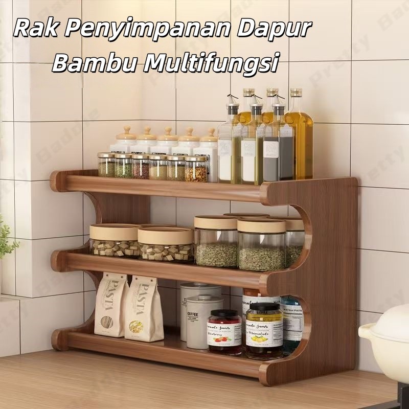 Rak Penyimpanan Dapur Bambu Multifungsi 2/3/4 Tingkat - Organizer Bumbu, Tempat Peralatan Kaca, Rak 