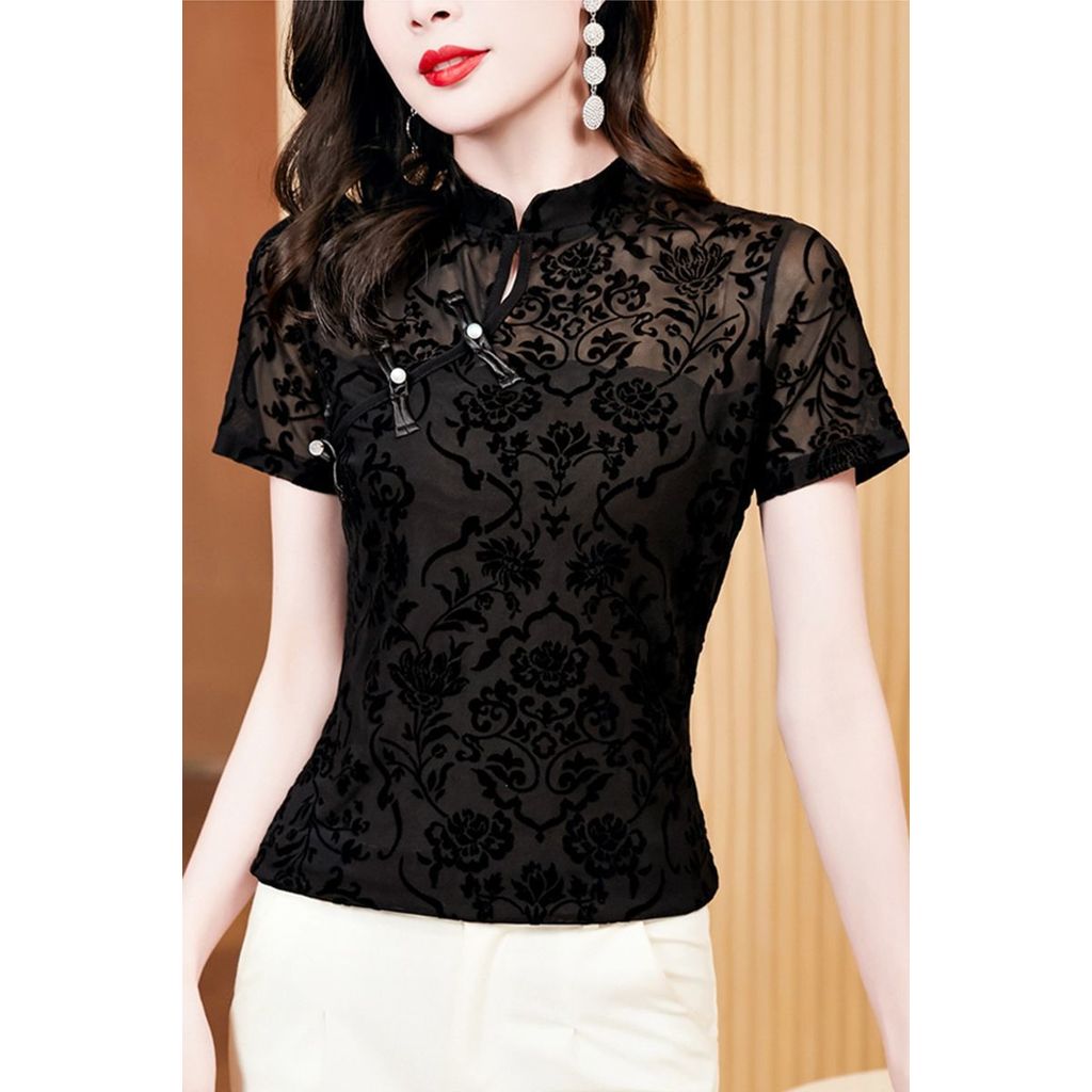 Atasan Wanita Lengan Pendek Jala Berongga Musim Panas Kancing Cheongsam Kerah Vintage Blus Renda