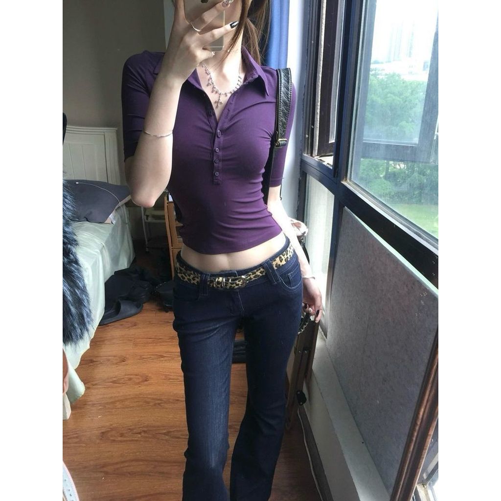 Atasan Retro Amerika Y2K Polo shirt t-shirt wanita musim panas kerah lengan pendek ungu high-end sli