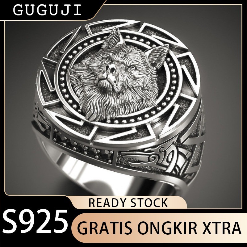 GUGUJI Cincin Perak Thailand Totem Serigala Retro yang Laris Dijual Cincin Pria Kepala Serigala Mito