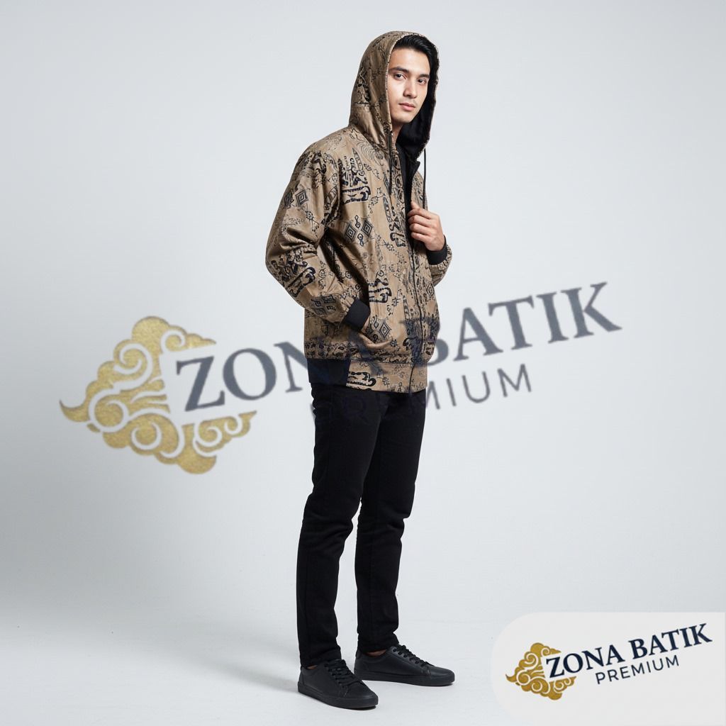 Jaket Batik Dengan Kupluk Pria Motif Dayak Kalimantan Lengan Panjang Resleting Casual Etnik Cowok - 