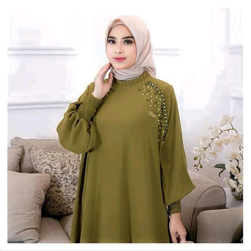 Olivia Dress Wanita Polos Jumbo Terbaru Crinkle Airflow Mewah Elegan Baju Gamis Remaja Kekinian Sage