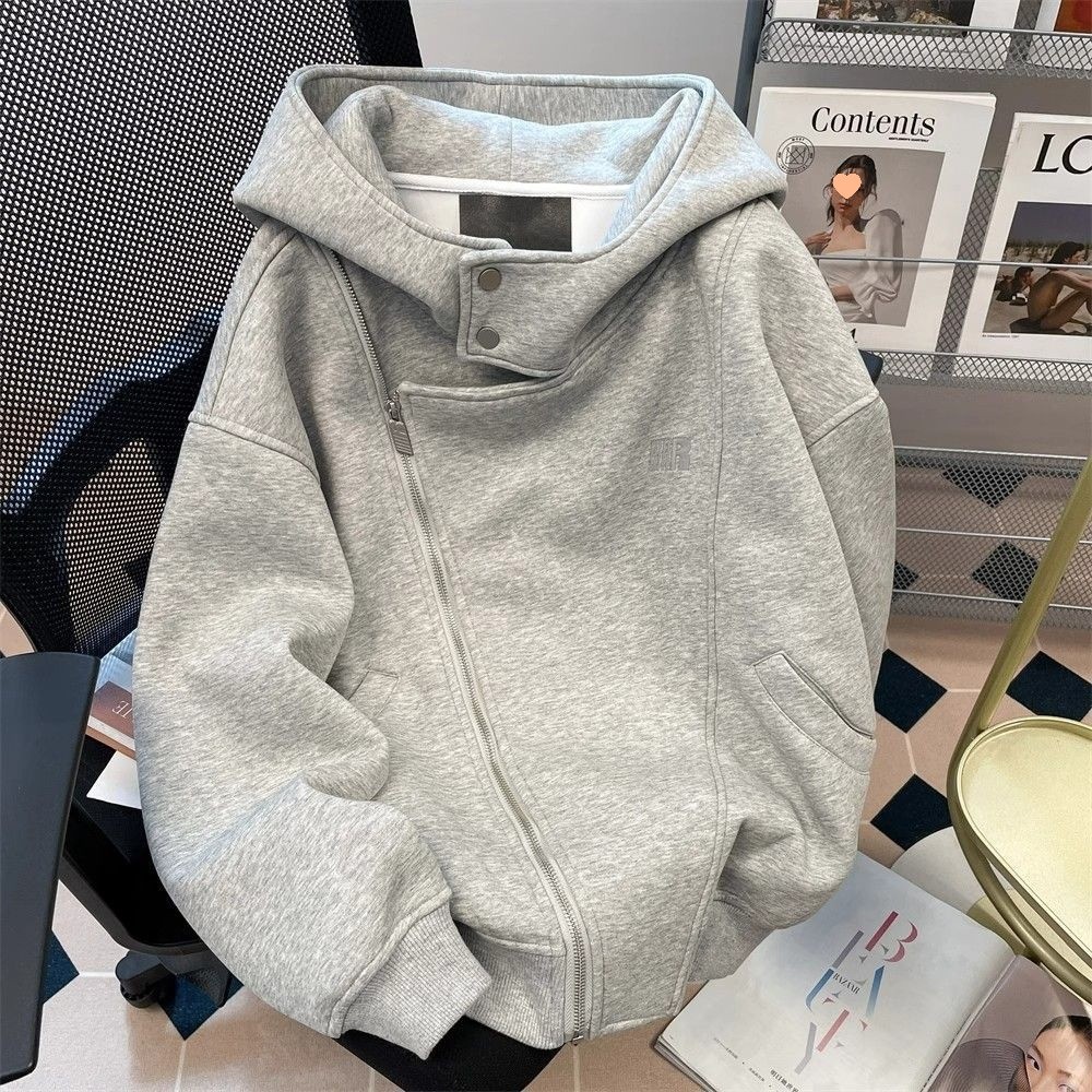 Sweatshirt abu-abu pria oversize Jaket Fleece Berkerudung Santai