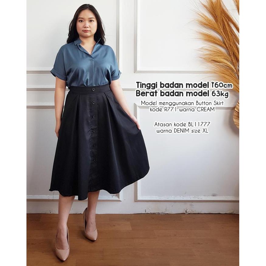promo  -Rok polos nita lebar midi plain skirt R771 771 Kancing ada Karet Samping - MILO, KECIL