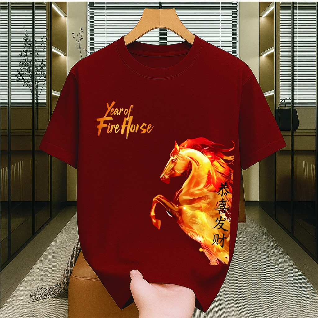 Ind 10XL Kaos Wanita Pria Imlek Kuda Api 2026 Crew Neck Kaos Imlek Merah Kaos Pria Dan Wanita Kaos M