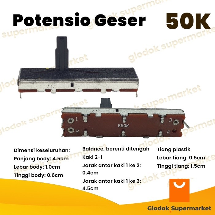 Potensio Geser Balance 4.5cm 3 pin 50k Mono Kaki 2-1 Slide 4.5 cm Mixer 503