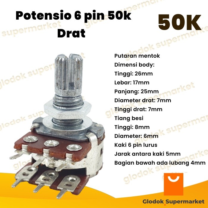 Potensio 6 pin 50k Drat Stereo Kaki 3-3 Lurus Volume Mixer 503