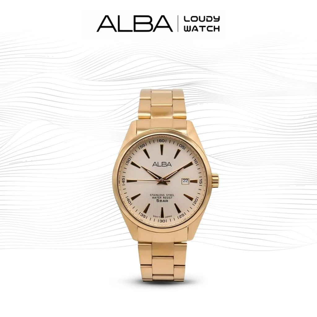 ALBA AG8384 Jam Tangan Pria Quartz White Dial Gold Stainless Steel Strap Watch