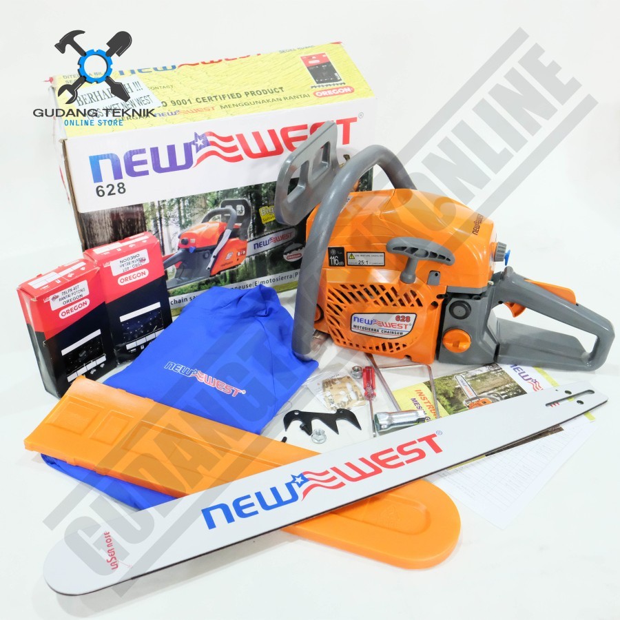 Mesin Gergaji Kayu NEW WEST 628 - Chainsaw New West 628 Chain Saw Laser Tip 24inch PAKET LENGKAP