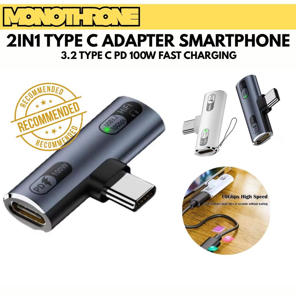 Adapter 2in1 Splitter Type C Male To Female 3.2 Type C Converter 100W OTG Konverter Tipe C HP Headph