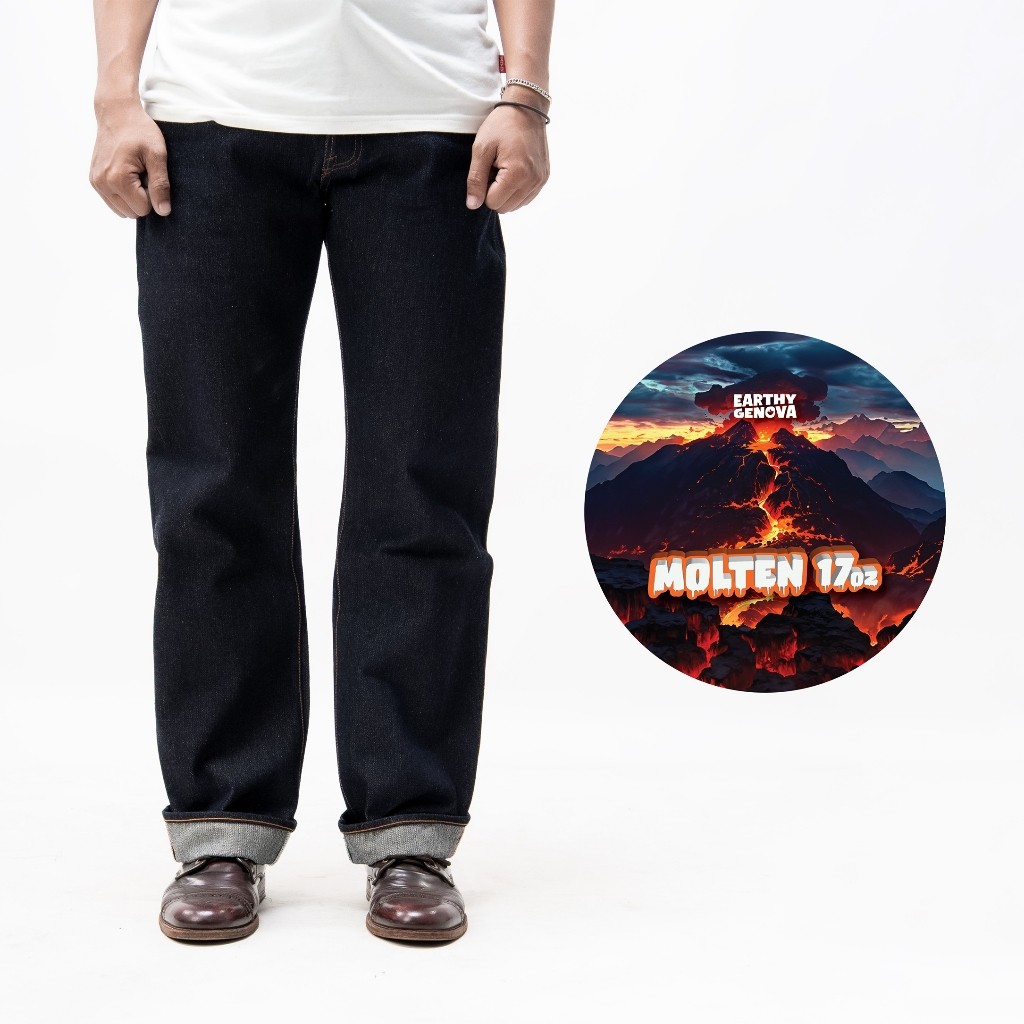 EARTHY GENOVA - Denim Selvedge MOLTEN 17 Oz Unsanforized Celana Raw Jeans Pria Deep Indigo Orange Li