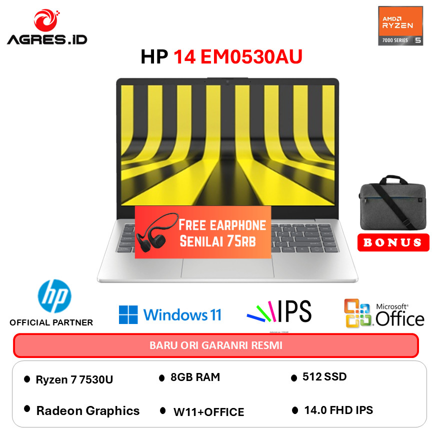 HP 14 RYZEN 5 7530U - RAM 8GB 512GB W11+OHS 14.0FHD IPS BLIT  -EM0530AU