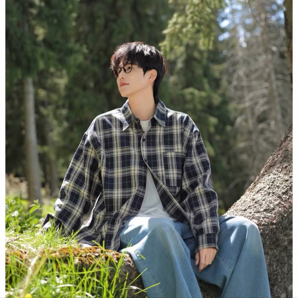 Kemeja Lengan Panjang Kotak-Kotak Retro Jepang Pria Jaket Santai Longgar Premium