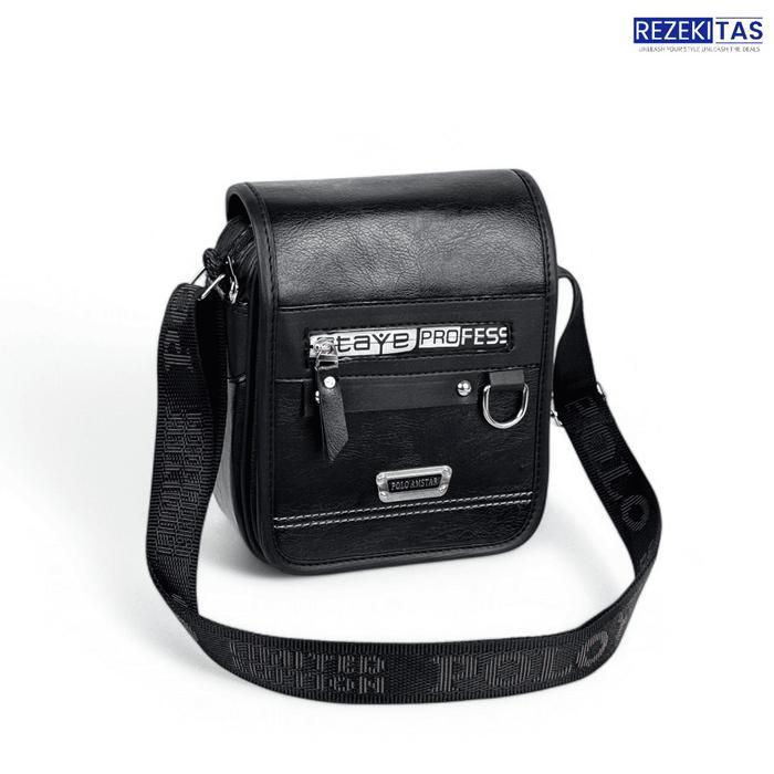 Tas Selempang Kulit PU Leather Original Polo Amstar Tas Pria Tas Polo Tas Kulit - Hitam