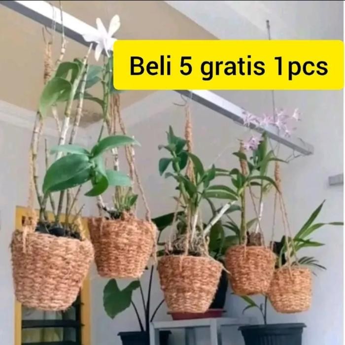 Paket 6pcs Pot Gantung Anyaman Tanaman Hias Serabut Kelapa Bunga Alami polybag