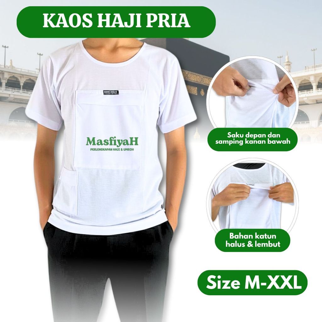 KAOS HAJI PRIA PUTIH KAOS LENGAN PENDEK  KAOS POLOS  LENGAN PENDEK KAOS SAKU DEPAN KAOS HAJI UMRAH
