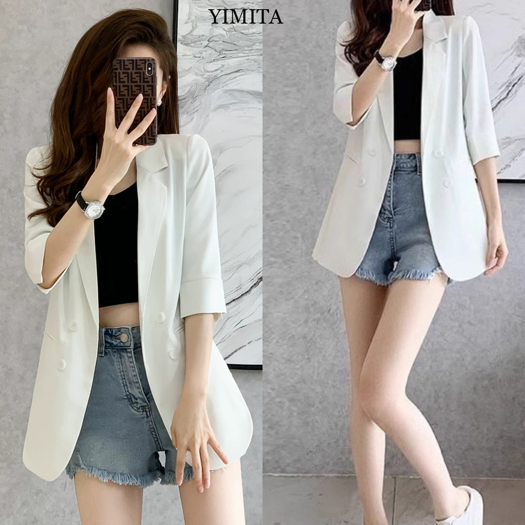 YIMITA outer panjang putih wanita kekinian korean style aesthetic jaket outer polos jumbo plus size