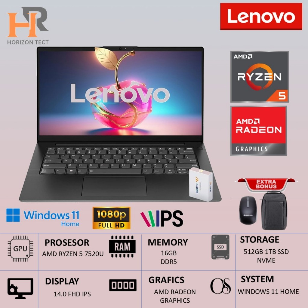 Laptop kerja Lenovo V14 G4 AMD Ryzen 5 7520U 16GB/512GB 14.0 FHD Windows 11
