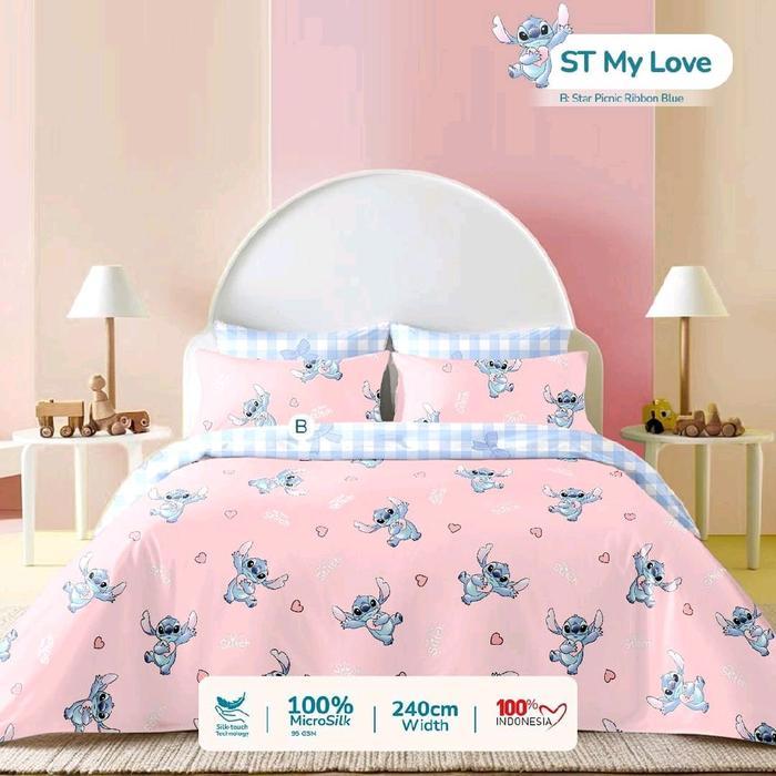 Sprei Anti Geser Karakter Anak Stich My Love Ukuran 90x200 - 100x200 - 120x200 Seprei Karet - 90x200
