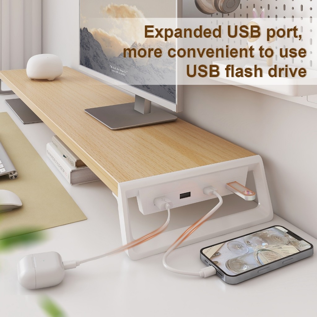 Wooden Stand Laptop Rak Laptop Kayu dengan USB Hub Charger 4 Port Hemat Ruang